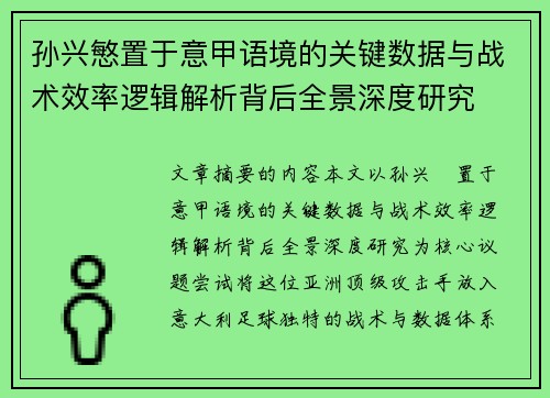 孙兴慜置于意甲语境的关键数据与战术效率逻辑解析背后全景深度研究